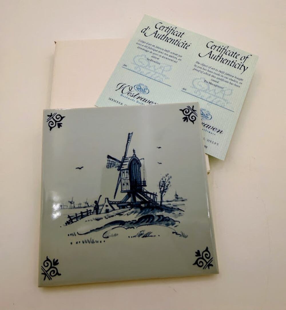 WestRaven Hand Painted Delft Blue Windmill Tile w/ COA & Box